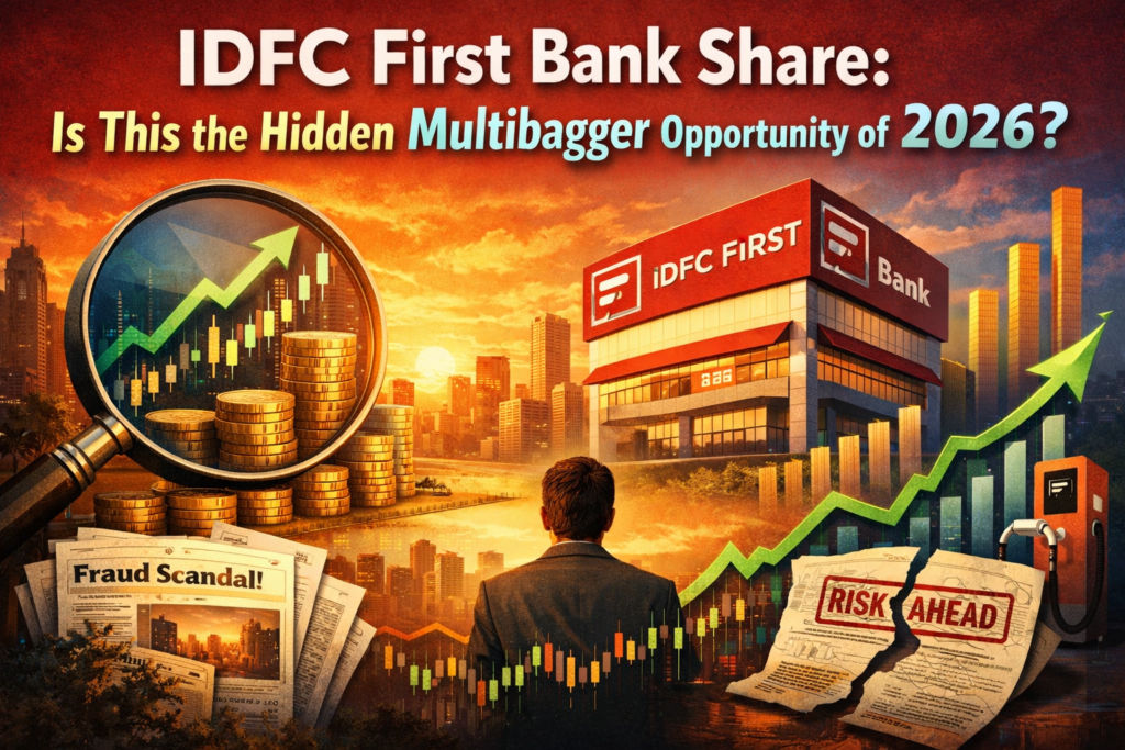 IDFC First Bank share analysis showing growth chart, bank building, investor outlook, and risk factors indicating potential multibagger opportunity in 2026.