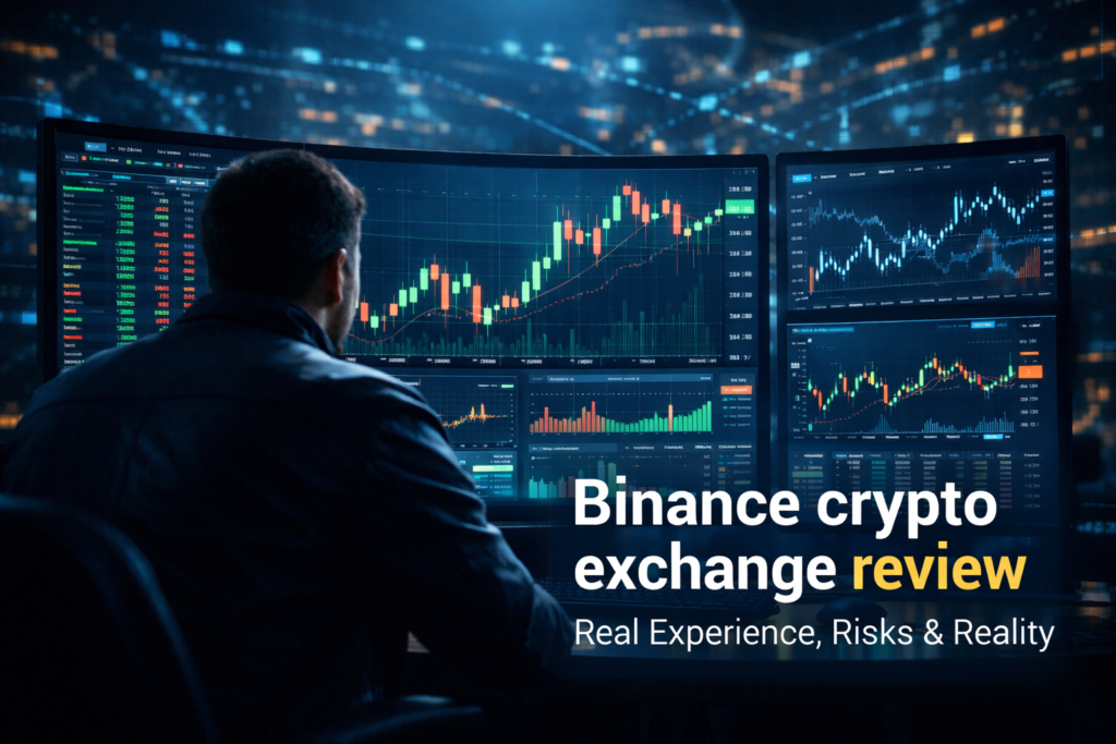Trader analyzing live cryptocurrency charts on Binance crypto exchange platform in a global digital trading environment.