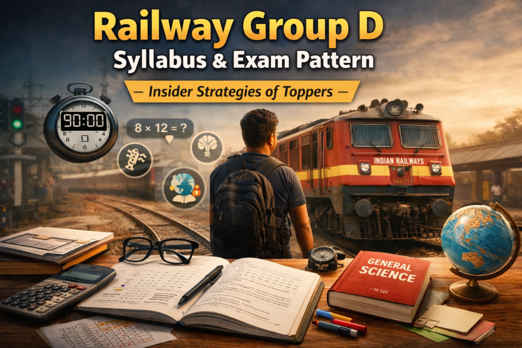 Railway Group D exam preparation scene showing study books, notes, and a student focused on syllabus and exam pattern strategy near an Indian Railways train.