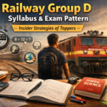 Railway Group D exam preparation scene showing study books, notes, and a student focused on syllabus and exam pattern strategy near an Indian Railways train.