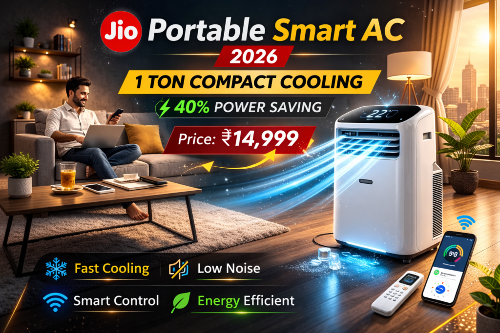 Jio Portable Smart AC 2026 placed in a modern Indian room showing compact design and smart cooling performance.