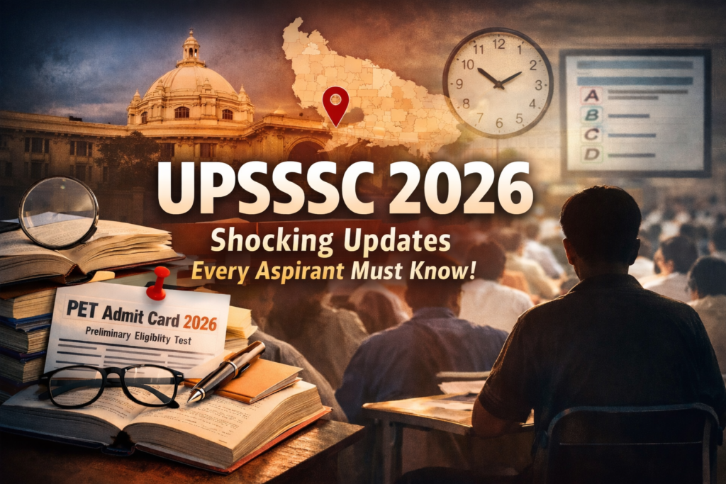 UPSSSC 2026 exam updates showing PET admit card, exam hall, Uttar Pradesh map and preparation material highlighting major changes for aspirants