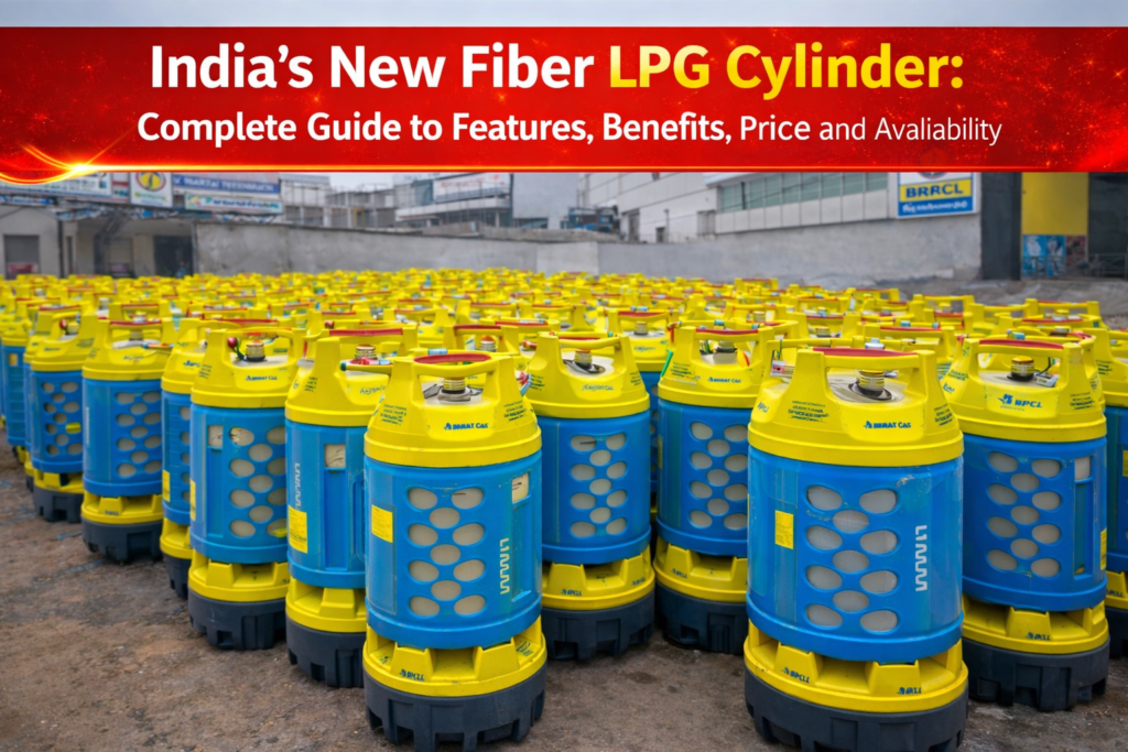 Rows of new fiber LPG composite cylinders with yellow tops and blue bodies launched in Uttar Pradesh.