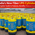 Rows of new fiber LPG composite cylinders with yellow tops and blue bodies launched in Uttar Pradesh.