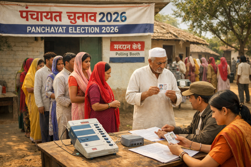 Villagers standing in line to vote during UP Panchayat Election 2026 at a rural polling booth in Uttar Pradesh