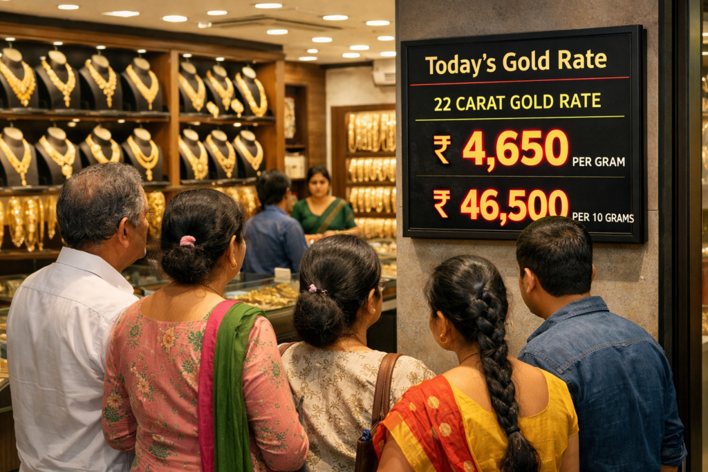 22 Carat Gold Price Today Display Board in Jewellery Shop customers checking 22 carat gold price today at indian jewellery shop rate board