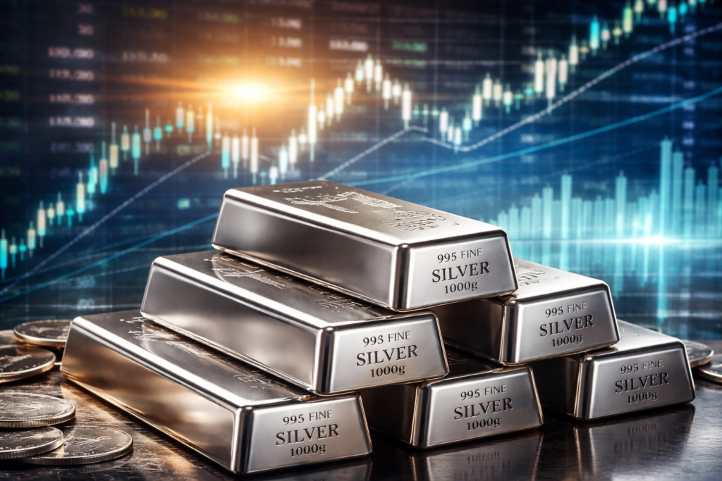 Silver price today chart with silver bars