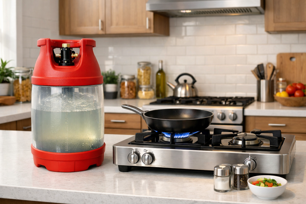 A lightweight fiber LPG composite cylinder placed beside a gas stove in a modern kitchen, designed with a transparent panel that allows users to easily check the remaining gas level.