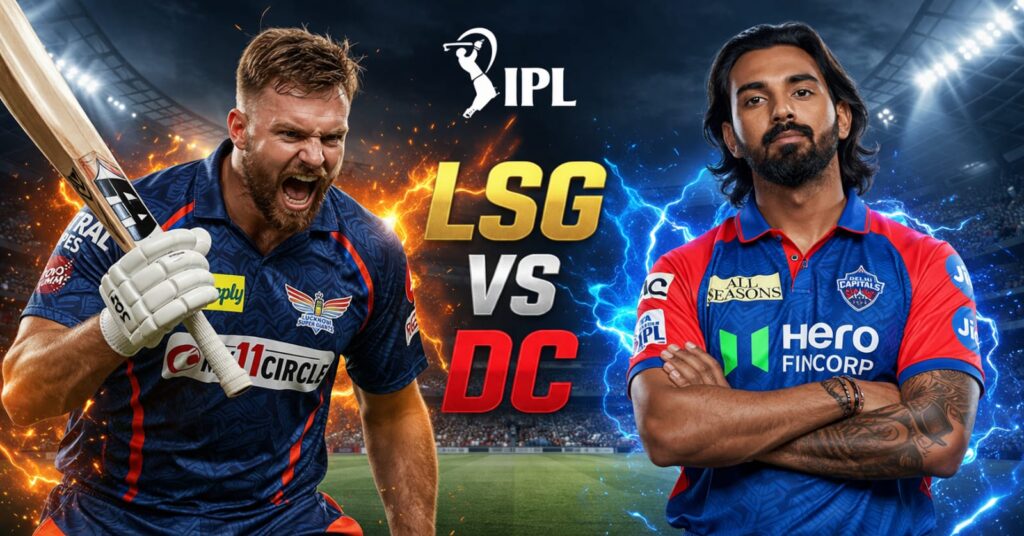 KL Rahul and Rishabh Pant in LSG vs DC IPL 2026 promotional poster inside a cricket stadium