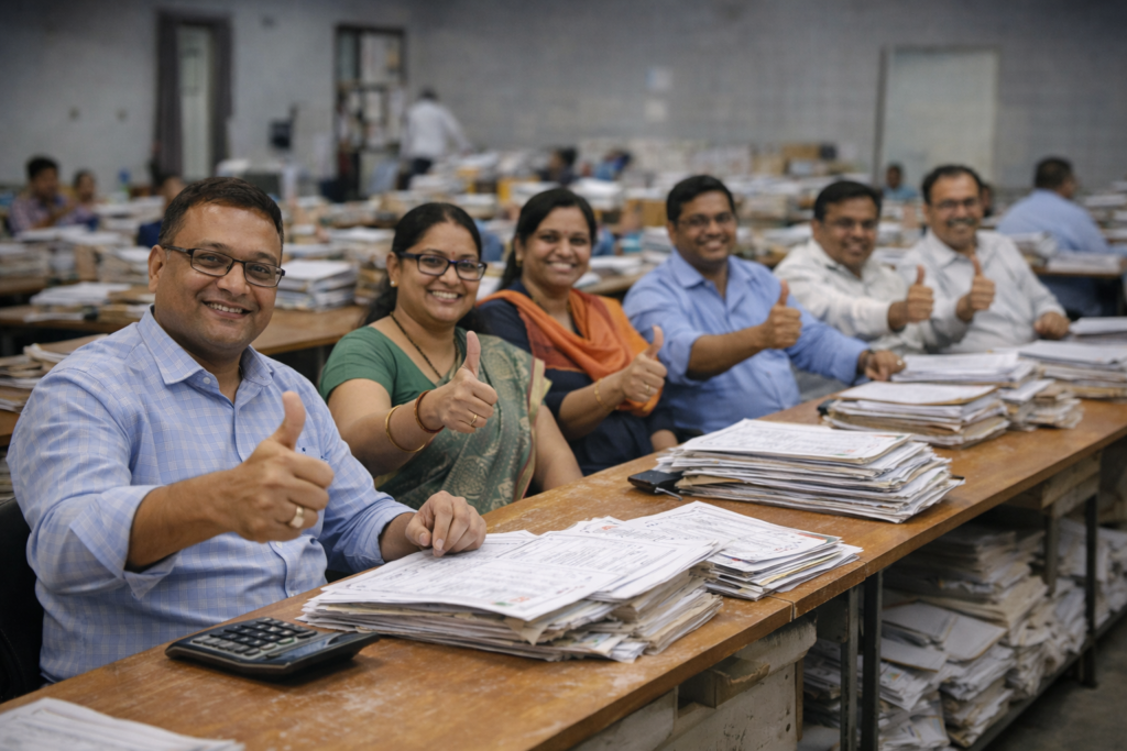 UP Board examiners checking answer sheets during 2026 evaluation process