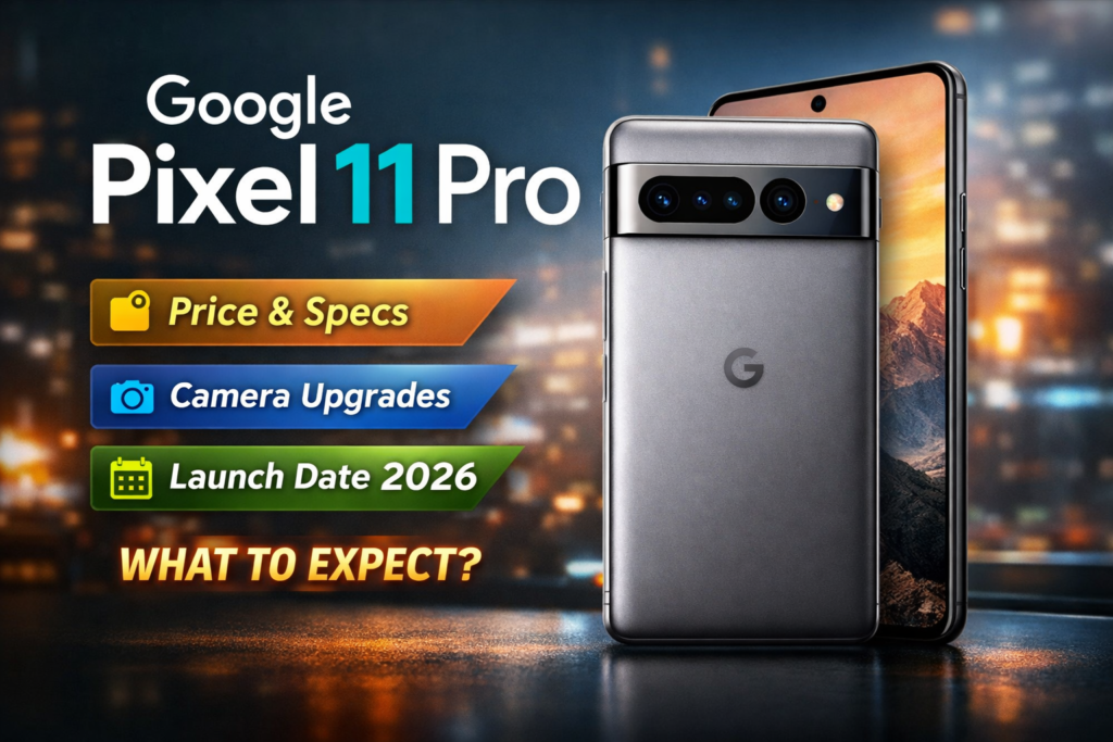 Google Pixel 11 Pro smartphone showing expected design, camera bar, price, specs, and launch date 2026