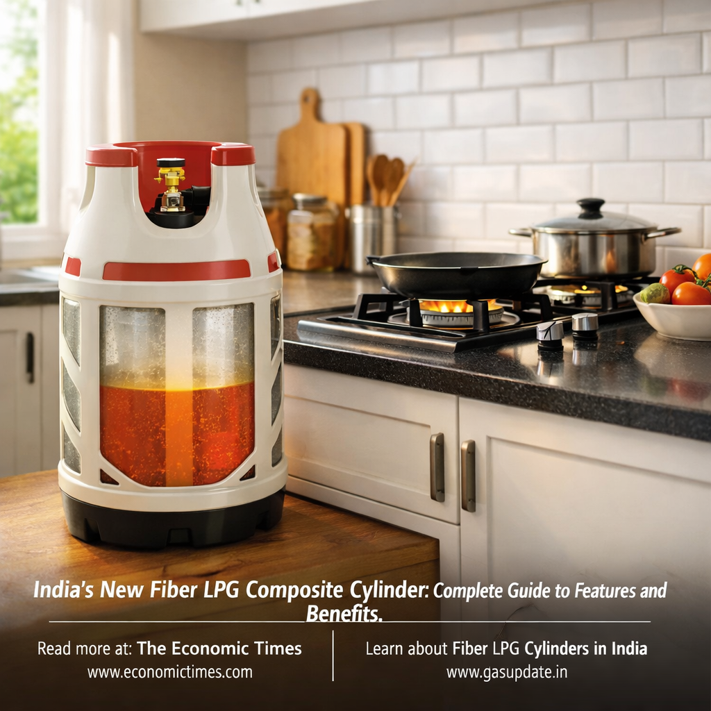 Fiber LPG composite cylinder with transparent body showing gas level placed in a modern kitchen.