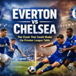 Everton vs Chelsea players battling during an intense Premier League match at Goodison Park