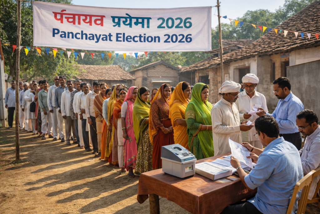 Villagers standing in line to vote during UP Panchayat Election 2026 at a rural polling booth in Uttar Pradesh