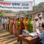 Villagers standing in line to vote during UP Panchayat Election 2026 at a rural polling booth in Uttar Pradesh