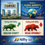 Infographic explaining how Gift Nifty movements indicate the possible opening direction of the Nifty 50 based on global market trends and trading in GIFT City.