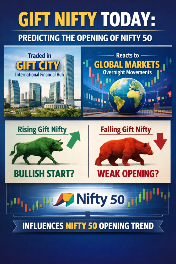 Infographic explaining how Gift Nifty movements indicate the possible opening direction of the Nifty 50 based on global market trends and trading in GIFT City.