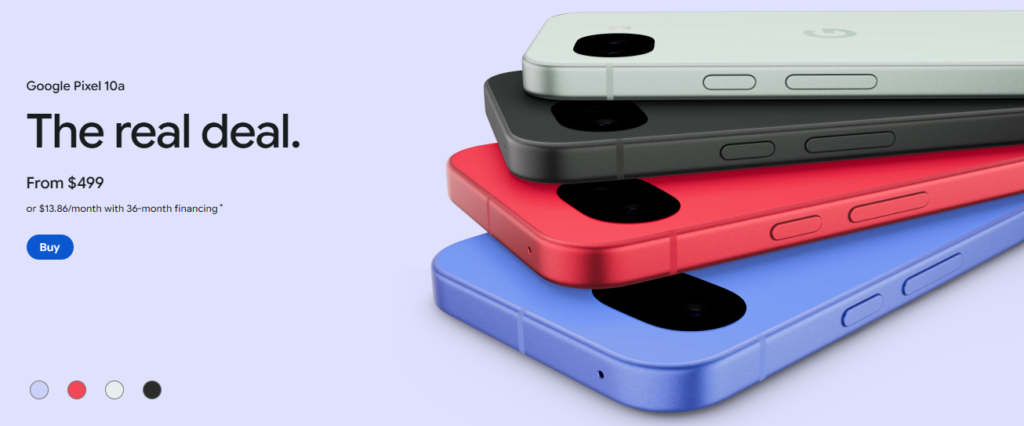 Google Pixel 10a smartphone showing official design, pricing, and feature highlights