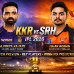 KKR vs SRH IPL 2026 poster featuring Ajinkya Rahane and Ishan Kishan