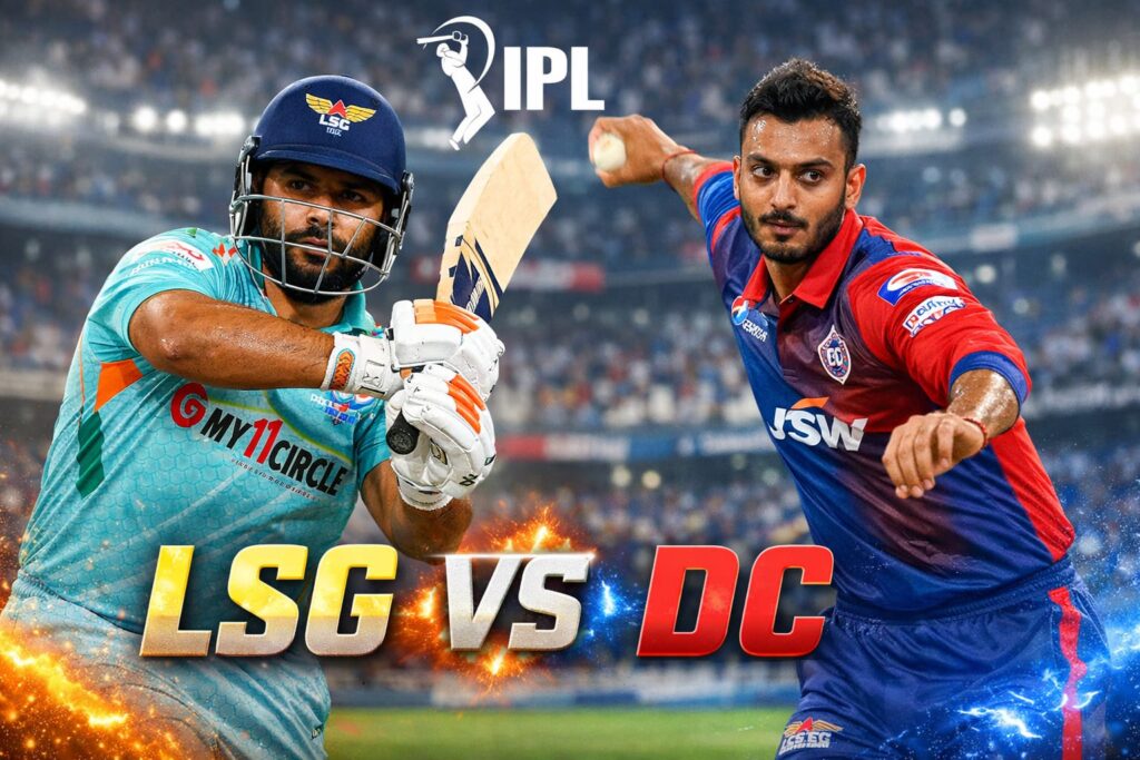 KL Rahul and Rishabh Pant in LSG vs DC IPL 2026 promotional poster inside a cricket stadium