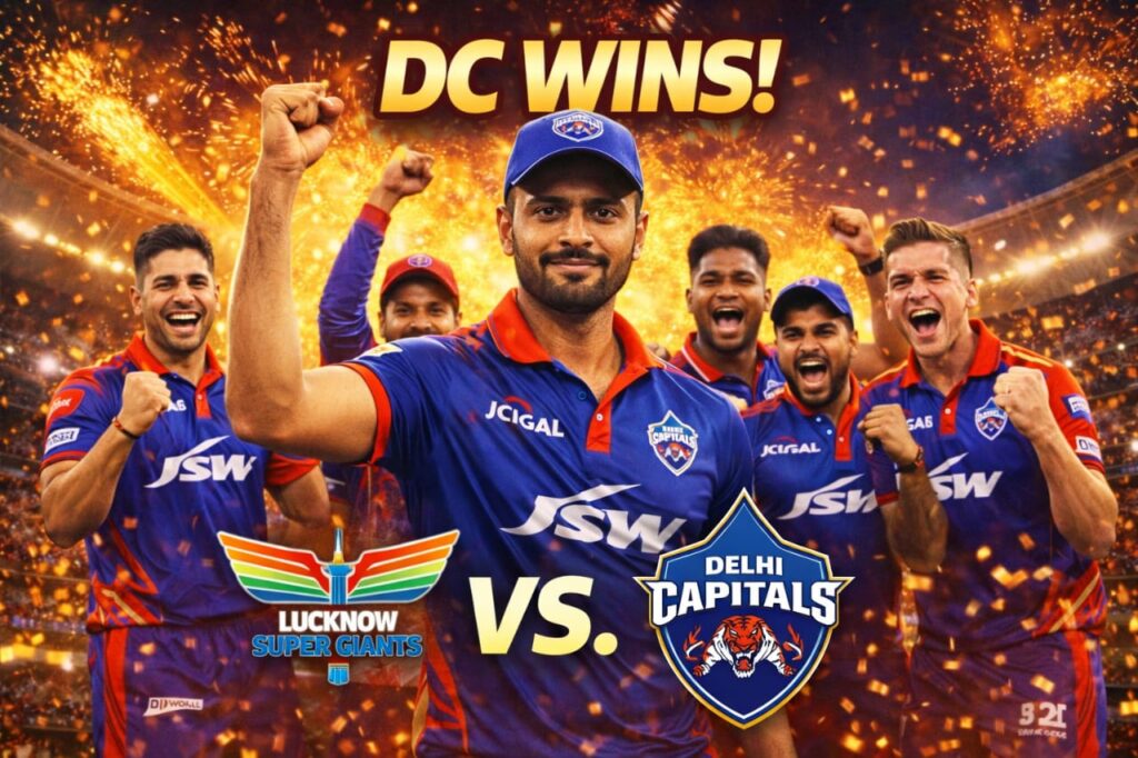 Delhi Capitals beat Lucknow Super Giants in IPL 2026 match result poster