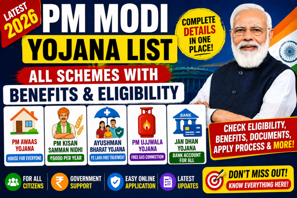 PM Modi Yojana List 2026 Government Schemes India Benefits Eligibility