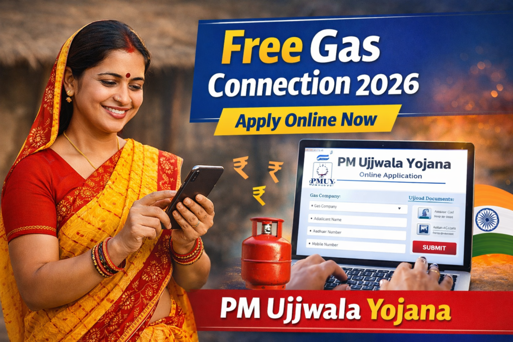 Woman applying online for PM Ujjwala Yojana 2026 free gas connection