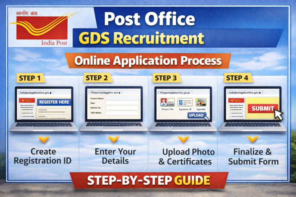 Step by step online application process for Post Office GDS Recruitment 2026 including registration, form filling, document upload and final submission