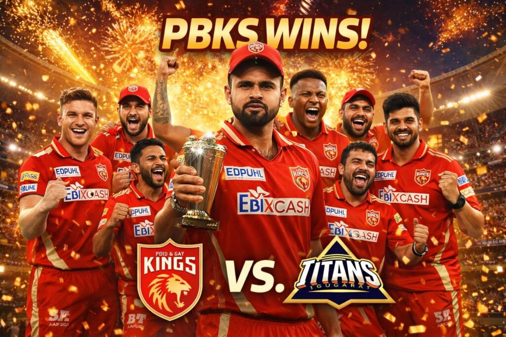 Punjab Kings players celebrating victory after defeating Gujarat Titans in IPL 2026